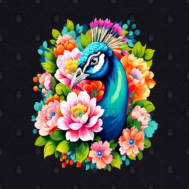 A Cute Peacock Surrounded by Bold Vibrant Spring Flowers by BirdsnStuff